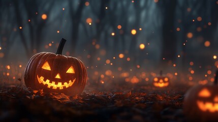 Fototapeta premium Glowing jack-o'-lanterns lit in a spooky forest setting, surrounded by glowing orbs and autumn leaves, perfect for Halloween.