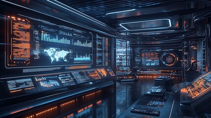 Obraz premium High-Tech Business Analytics Center with AI-Driven Data Visualizations and Predictive Analytics, Advanced and Data-Driven Environment, Photo Realistic