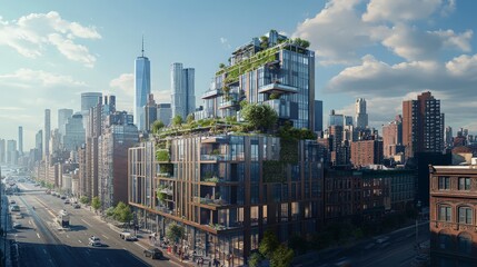 Obraz premium visual of a sleek, urban apartment building with innovative design features, such as green roofs and modern facades.