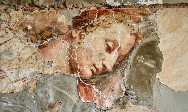 A delicate, time-worn fresco depicting a cherub on a crumbling wall