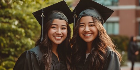Obraz premium Two Asian female graduates celebrate graduation day, smiling and posing for photo. Fictional Character 