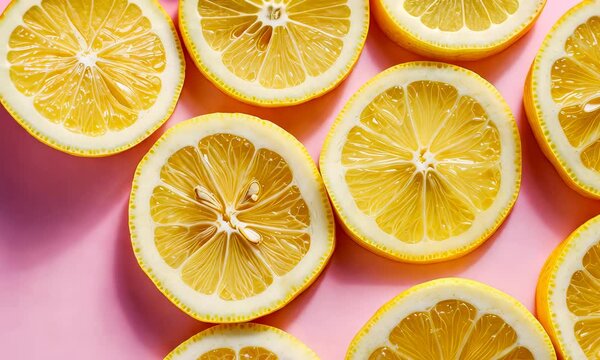 Bright yellow lemon slices arranged on a soft pink background