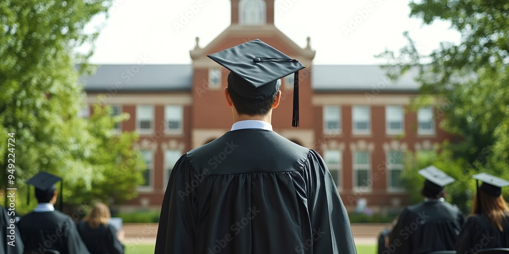 Poster Back view of a male graduate student wearing a black graduation gown and cap, standing in front of a college building with other students during a ceremony. 