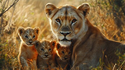 Obraz premium Lioness Protecting Her Cubs