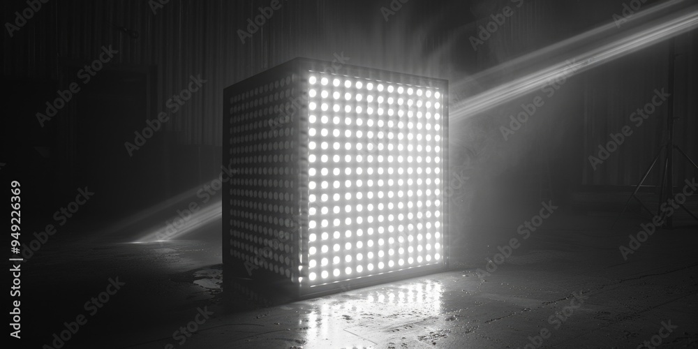 Poster A black and white image of a light box with a soft glow
