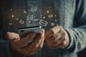 A person holding a cell phone with email icons displayed on the screen, indicating new messages or notifications
