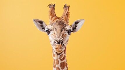 Obraz premium A giraffe with a serious expression on a yellow background.