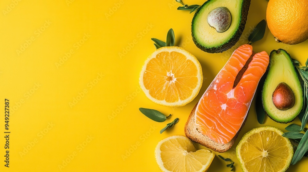 Poster enjoy a healthy breakfast featuring avocado toast topped with salmon, accompanied by fresh citrus fr