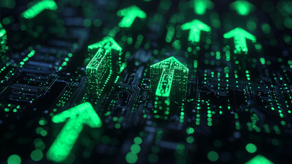 Fototapeta premium Green Arrows Pointing Up - digital, arrows, green, growth, data, technology, advancement, progress, uptrend, light, indication, success, futuristic, direction, glowing