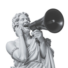 Antique bust of man with megaphone on transparent background. Action, advertising