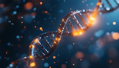 Futuristic 3D Rendering of Illuminated Double Helix DNA Structure with Floating Cells