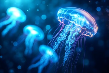 Naklejka premium Glowing Jellyfish Underwater Ballet Surreal Bioluminescent Aquatic Dance in Blue Ocean Depths