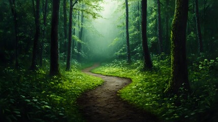 Obraz premium Serene Forest Path Bathed in Warm Golden Light Tranquil Natural Landscape Painting