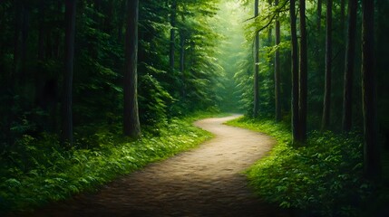 Fototapeta premium Serene Forest Path Bathed in Golden Sunlight Lush Foliage and Tranquil Atmosphere