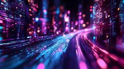 Futuristic Digital Data Streams Flowing Through Neon Hued Virtual Cityscape with Holographic Displays