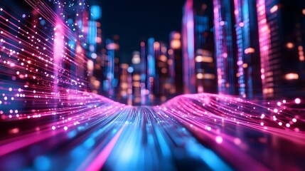 Futuristic Digital Data Streams Flowing Through a Pulsing Virtual Cityscape