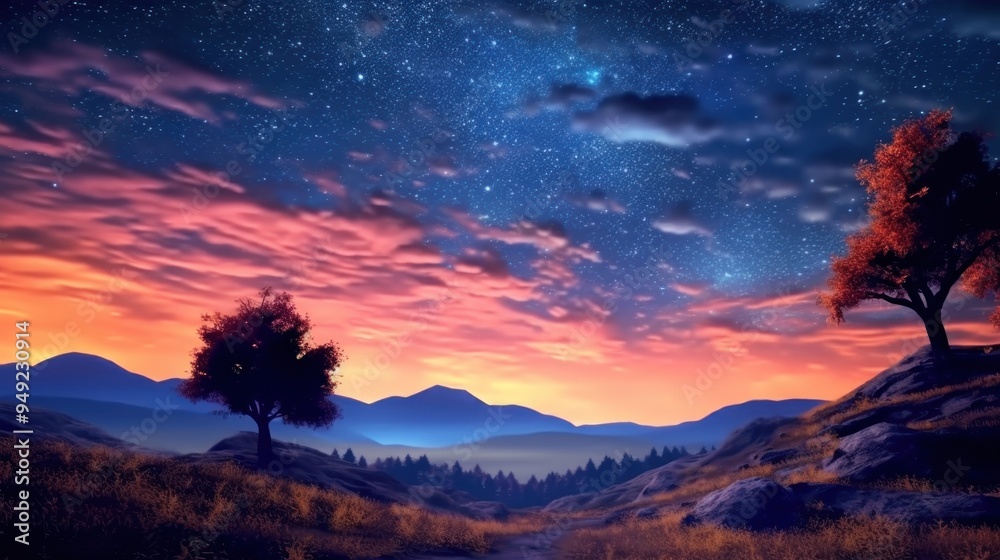 Wall mural anime style background, night, landscape, galaxy, stars, evening, sky, magic hour, sunset, dusk, AI generated