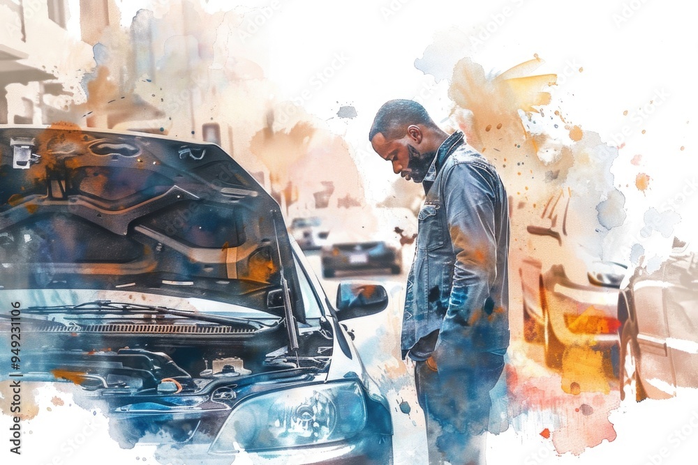 Poster a man standing next to a car with its hood open, suitable for use in an automotive or repair context