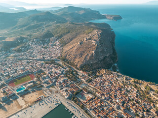 Fototapeta premium greece peloponnese region old capital nafplio aerial view with sunrise and sunset lights