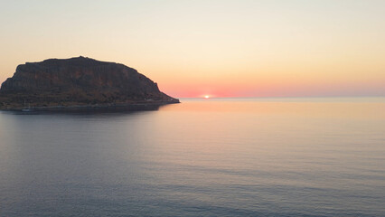 greece peloponnese historical peninsula monemvasia aerial view with sunrise and sunset lights