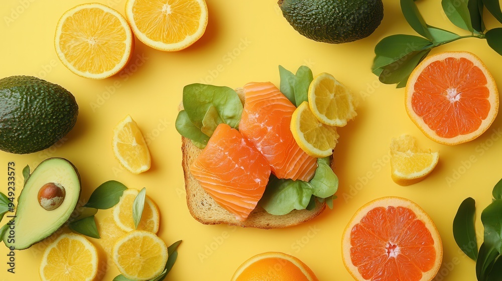 Poster Enjoy a nutritious breakfast featuring avocado toast topped with salmon alongside fresh citrus slices on a sunny yellow surface. Generative AI