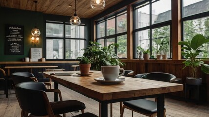 Obraz premium Modern, cozy coffee shop interior with a focus on a wooden table 