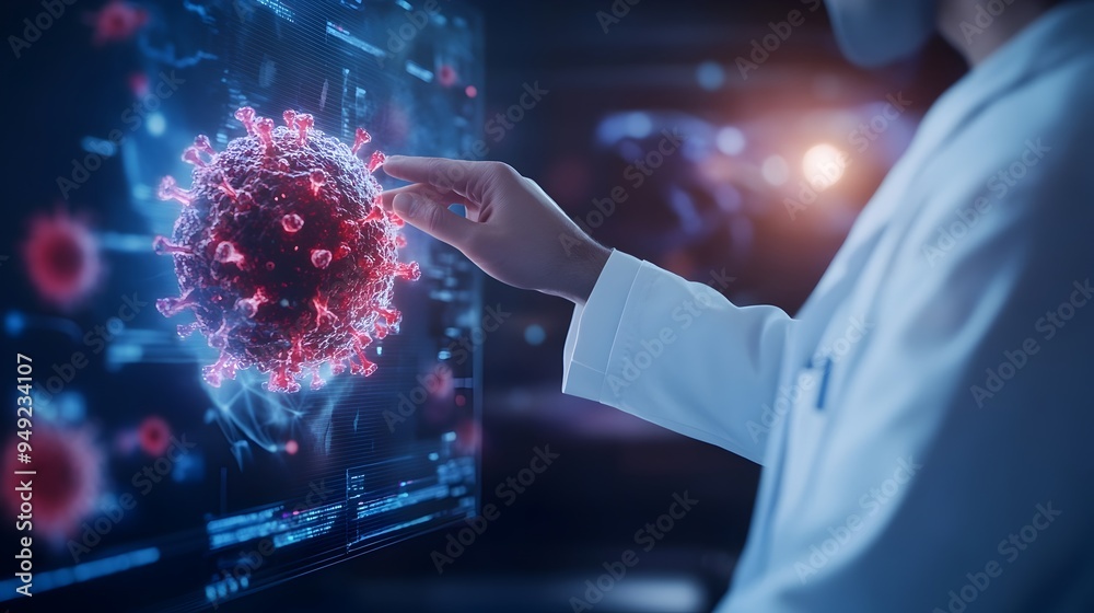 Poster scientist in lab coat interacting with digital screen displaying and virus data models