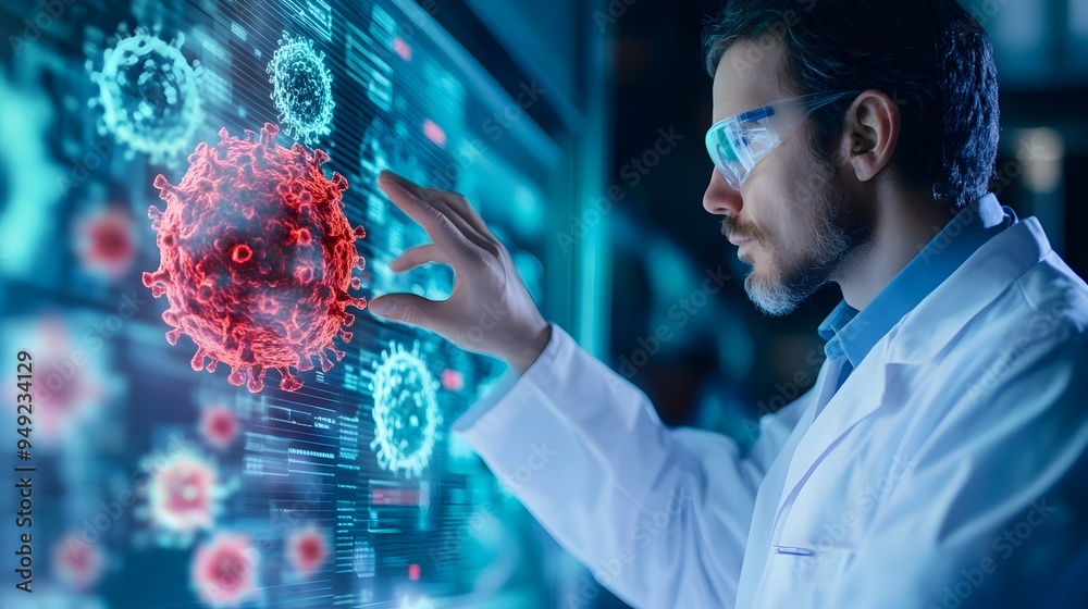 Poster a scientist in a lab coat analyzes digital data on virus models and ai powered humanoid figures agai