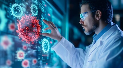 A scientist in a lab coat analyzes digital data on virus models and AI powered humanoid figures against a dynamic technological background
