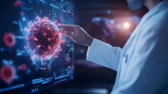 Scientist in Lab Coat Interacting with Digital Screen Displaying and Virus Data Models
