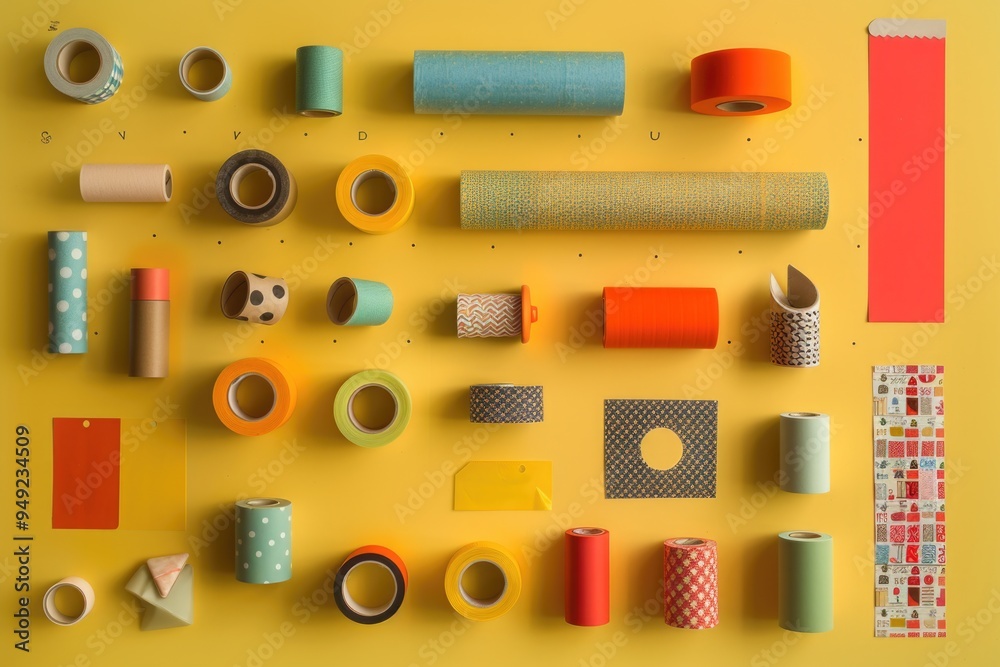 Aufkleber a colorful tape collection on a bright yellow background, ideal for use in crafting or design projec