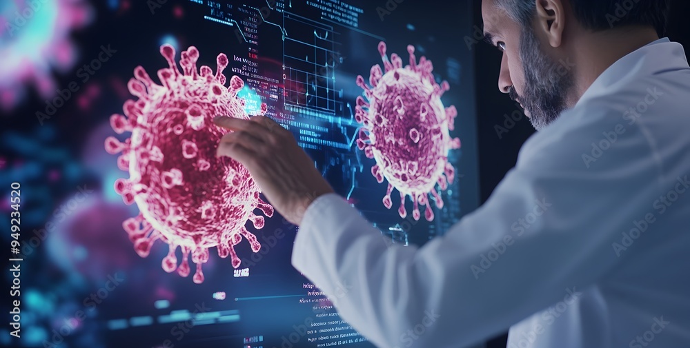 Wall mural scientist examining holographic coronavirus data on digital display in laboratory