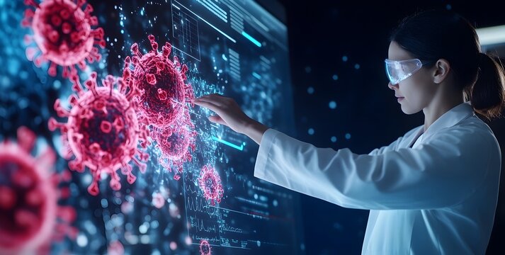 Scientist Examining Digital Coronavirus Visualization in Laboratory