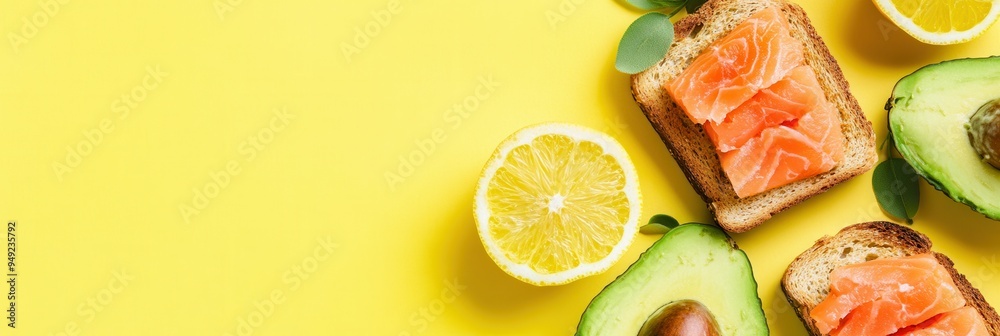 Poster Start your day with a nutritious breakfast of avocado toast topped with salmon, complemented by fresh citrus slices, all on a bright yellow backdrop. Generative AI