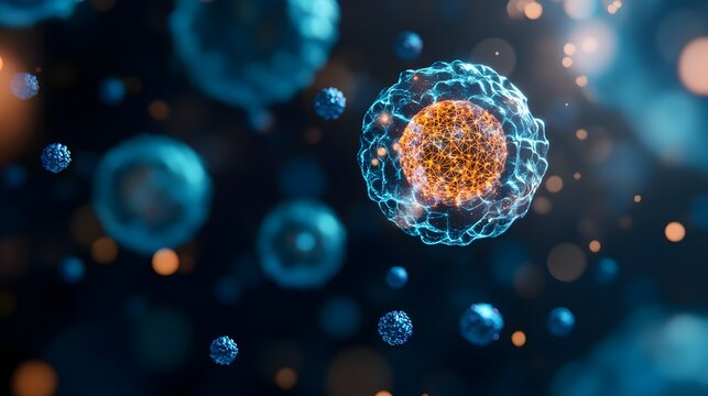 Sii Style Geometric Virus Cells with Gold Core and Blue Molecular Spheres