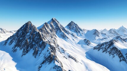 Alpine glacier, ice formations, snow-capped peaks, clear blue sky