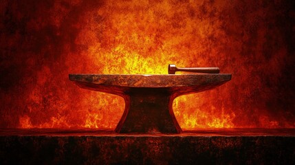 Anvil, with hammer resting on top, metal surface reflecting light, forge setting