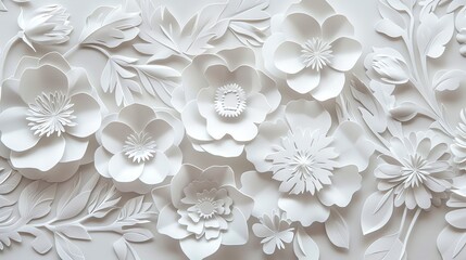 White paper flowers and leaves create a 3D effect on a white background.