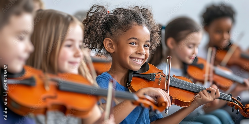 Wall mural diverse group of elementary school students happily playing string instruments during music lesson