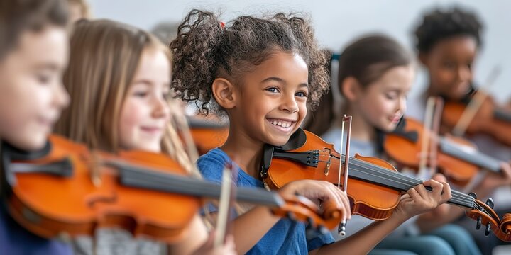 Diverse group of elementary school students happily playing string instruments during music lesson 