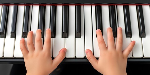 Close up view of kid hands playing on piano keyboard