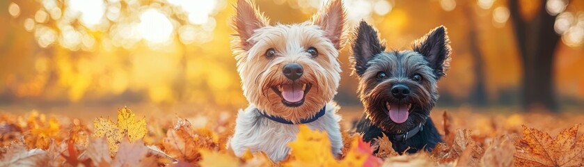 Naklejka premium Two cheerful dogs enjoy the colorful autumn leaves in a vibrant park, capturing the essence of fall joy and companionship.