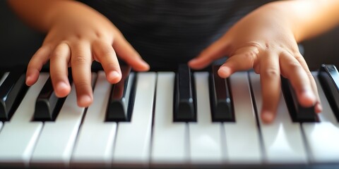 Obraz premium Close up view of kid hands playing on piano keyboard