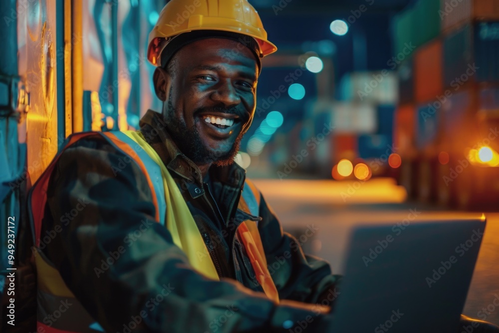 Poster a construction worker takes a break and works on his laptop in a modern setting