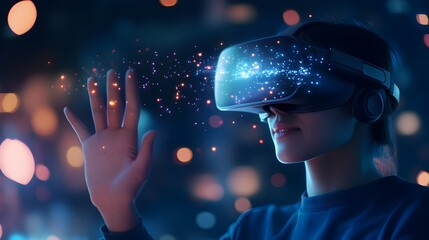 VR headset user interacting with digital 3D website interface futuristic web development concept