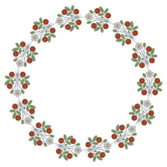 Round floral frame with strawberry branches. Botanical border with fruits and flowers. Circular wreath with green leaves, white flowers and ripe red berries. Isolated vector illustration.