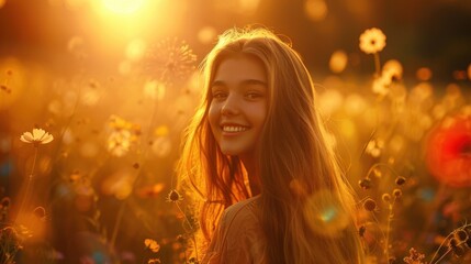 A beauty girl with long, thick hair, smiling as she stands in a sunlit field of wildflowers