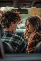 A man and a woman sitting together in a car, possibly on a date or just enjoying each other's company