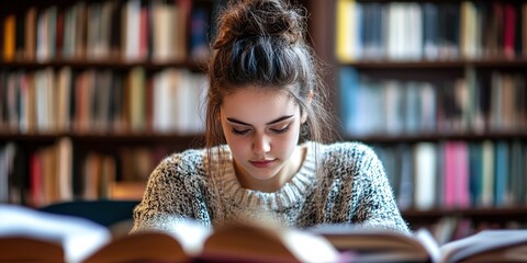 Portrait of a young female student preparing for exams in a library Determined student studying diligently in a library, surrounded by books and notes.