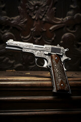 Vintage Decorative Ornate Pistol with a Wooden Handle on an Aged Wooden Surface with Aged Parchments in the Background